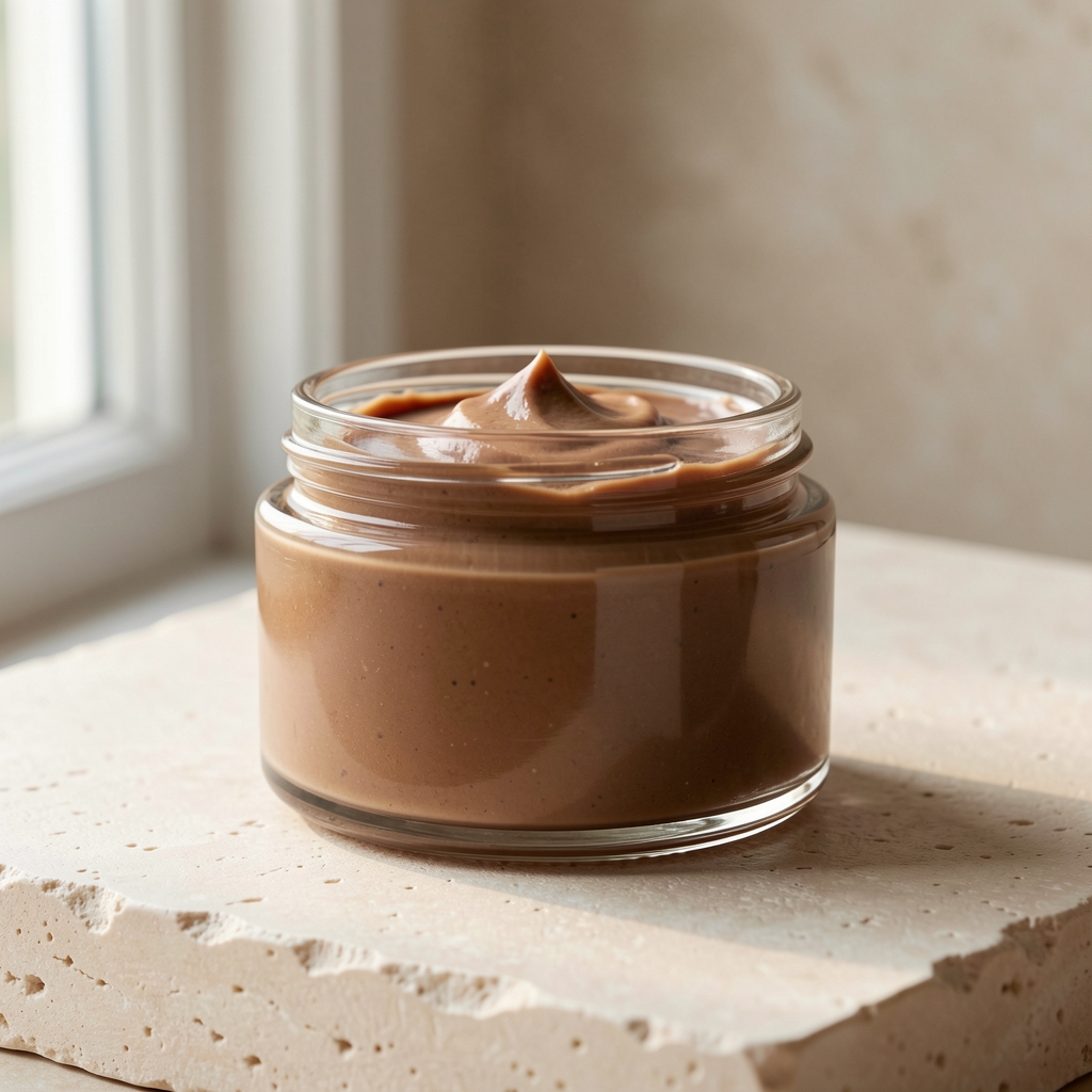 Glass jar of rich body cream on a pale stone surface, editorial still life, natural window light from the left
