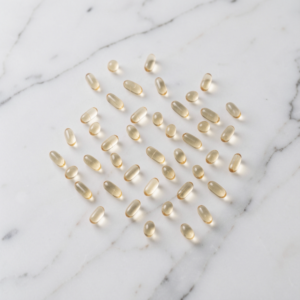 Small translucent supplement capsules arranged in a deliberate pattern on a white marble surface, overhead editorial photograph